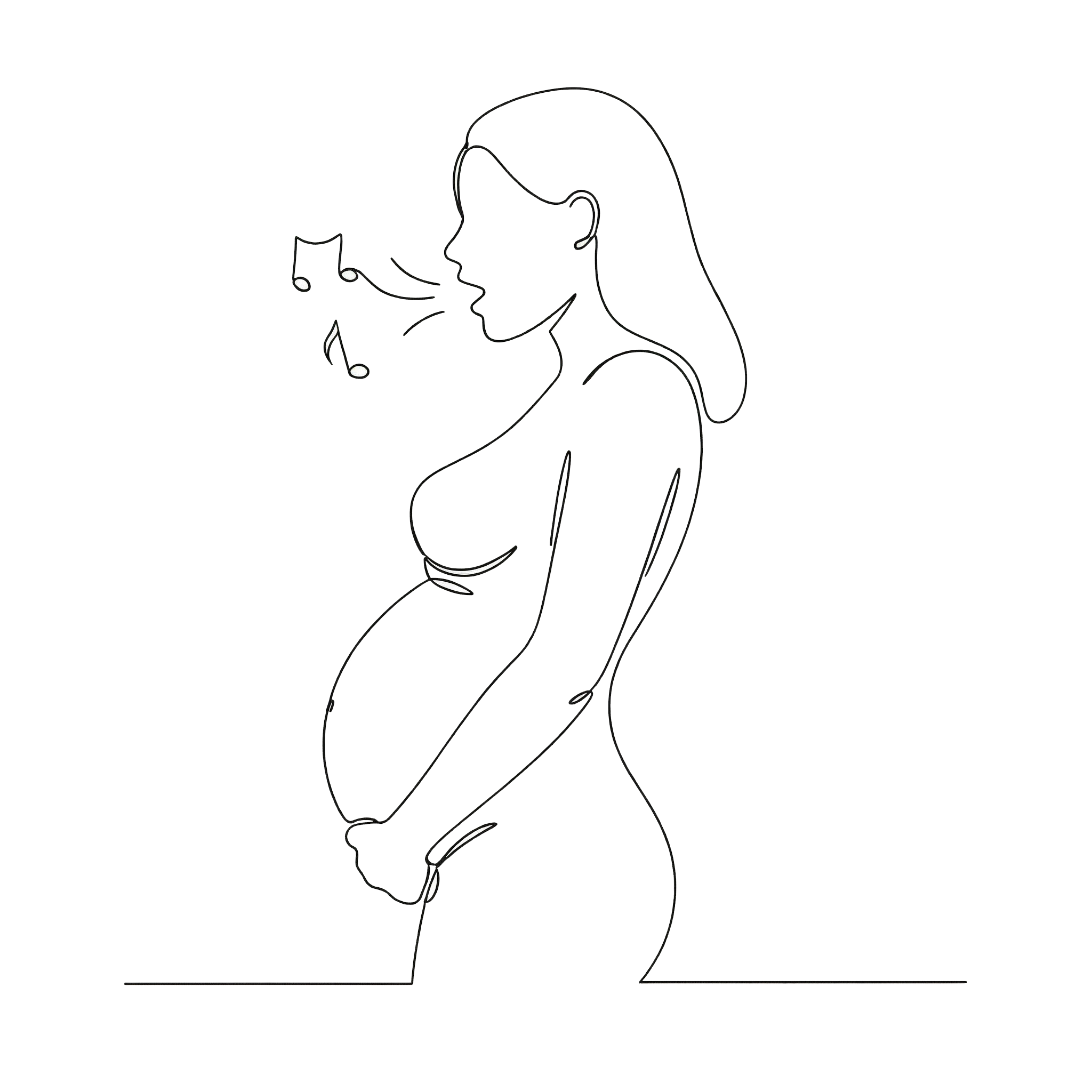 Pregnant woman singing with musical notes